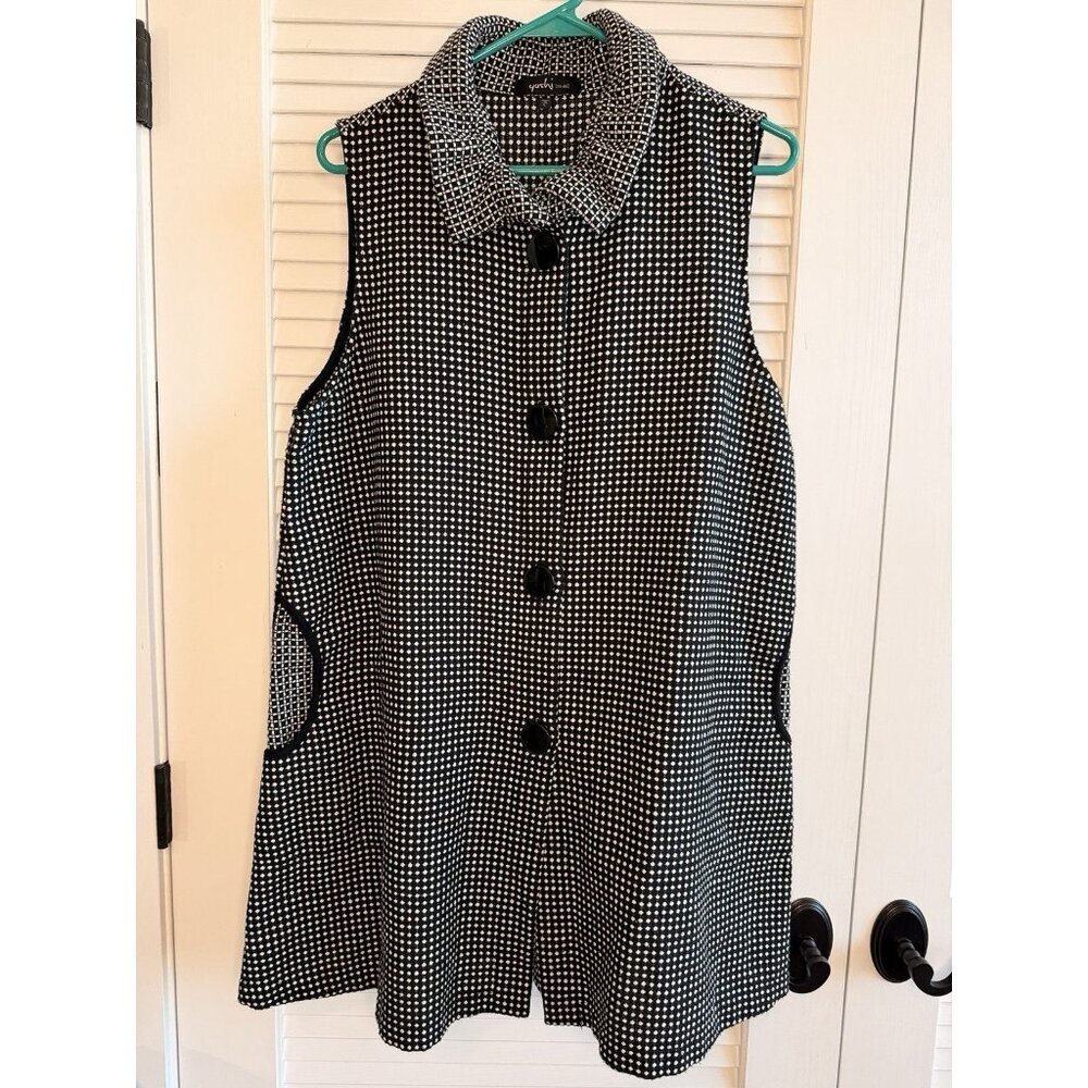 Yushi Black White Textured Sleeveless Vest Tunic/Dress Top Size L Made in USA